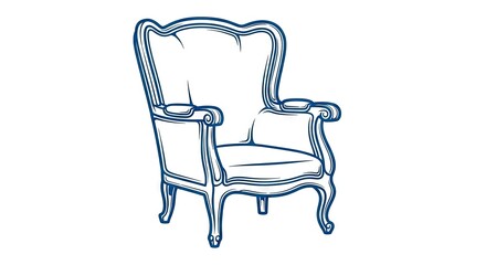 Fototapeta premium Elegant wingback chair illustration blue line art design on white background