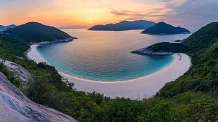 Naklejka premium Sunrise over crescent beach, island cove, panoramic view