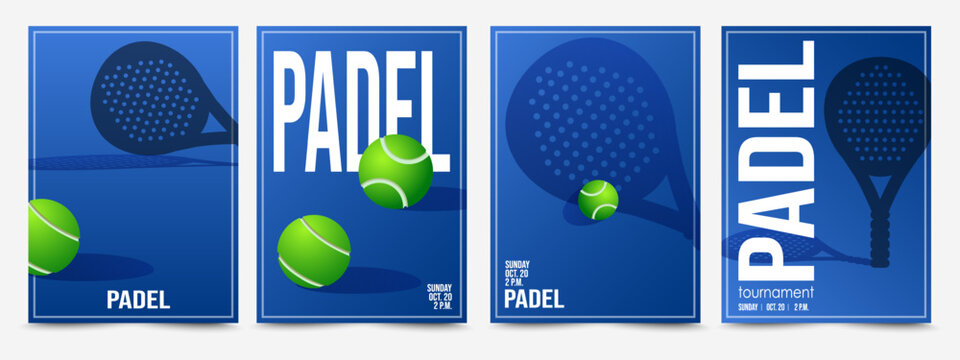 Modern Padel tennis poster set. Padel rackets and green ball with long shadows. Sports competition invitation background for tournament. Sporty aesthetic for poster, card, cover.