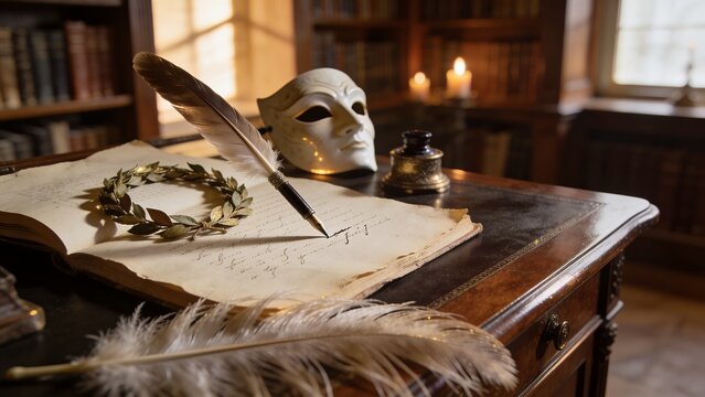 Dramatic Still Life of Writing Quill, Book, and Mask for Theater