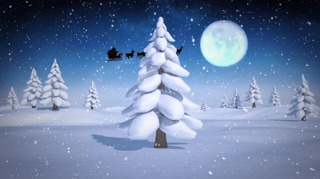 Animation of santa claus in sleigh with reindeer over winter scenery with snow falling