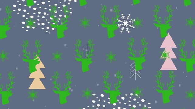 Christmas tree icons and snow falling over green reindeer and snowflakes icons in seamless pattern