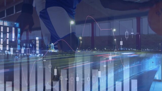 Animation of financial data processing over african american basketball player and cityscape