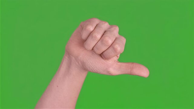 Human Hand Gesture Pointing Thumb to the Right Side on Green Screen Background