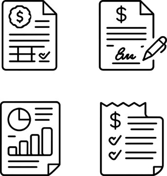 Financial Document Icons Line Art Illustration - Minimalist Icons for Finance, Contracts, and Reports