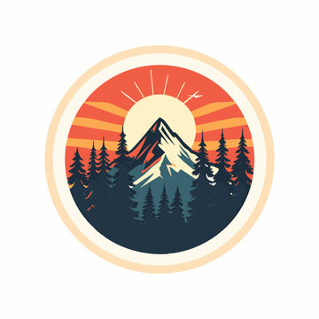 Stylized vector illustration of a sharp mountain peak surrounded by pine trees under a glowing sun AI Generative vector illustration