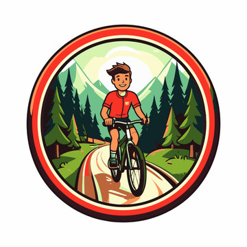 A smiling young man rides his mountain bike along a winding path in this vector illustration AI Generative vector