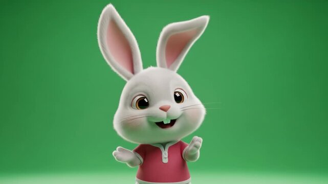 Cute 3D animated bunny character smiling on a green screen background.