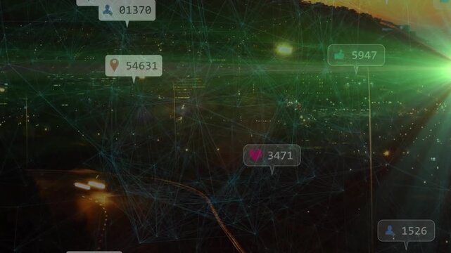 Animation of network of connections with social media icons over cityscape