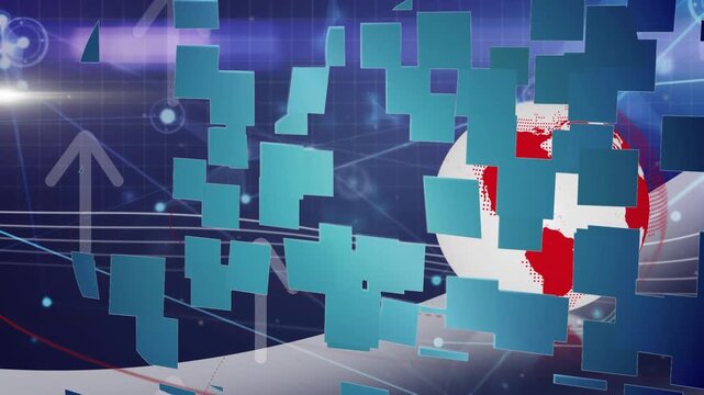Animation of globe with connections and world map over wind turbine