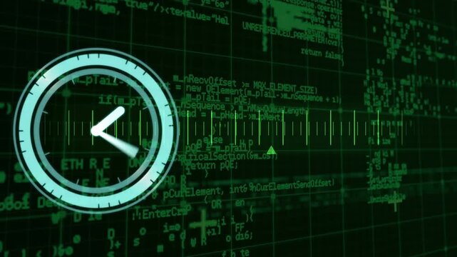Animation of clock moving fast and data processing on screen