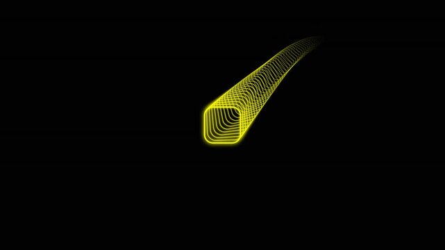 Abstract Yellow Glowing Neon Slinky Spring Animation Moving on Black Background. Futuristic 3D Geometric Shape Path Motion Graphics. Seamless Loopable Tunnel Effect for Modern Design and VJ