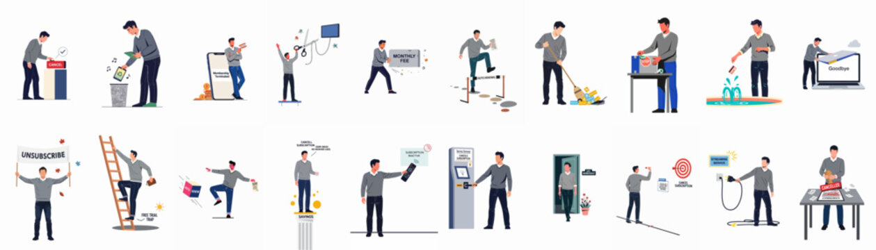 Collection of illustrations showing a man canceling subscriptions, ending memberships, unsubscribing from services, and avoiding hidden fees or recurring payment traps.