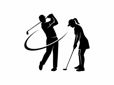 Male and female golf player silhouettes vector illustration golfing