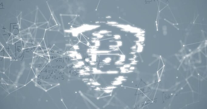 Animation of digital padlock, connections and math formulas on grey background