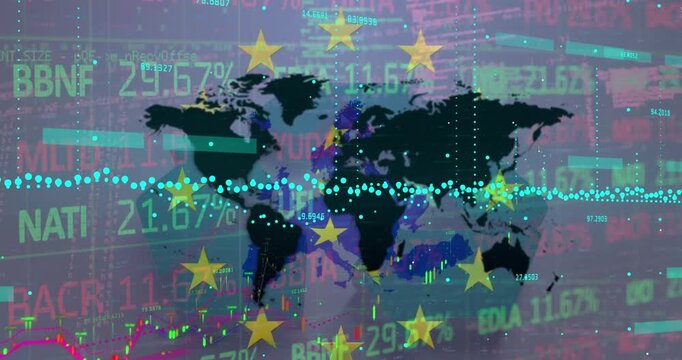 Animation of multiple graphs, flag of europe and maps against trading board in background