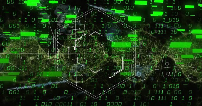 A digital interface with a world map is shown with data being processed in the background