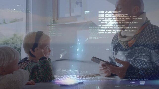 Animation of binary code, computer language, caucasian senior man teaching children using technology