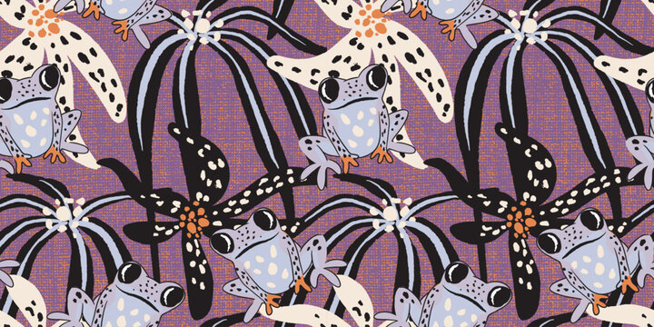 Trendy exotic jungle frog on lush plants illustration. Creative violet collage contemporary floral ornament seamless pattern. Fashionable template for design.