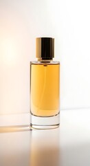 Naklejka premium Elegant perfume bottle with a black cap on white background.