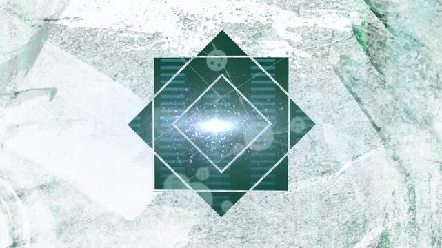 Animation of geometric square shape and grunge overlay against screens with plexus networks
