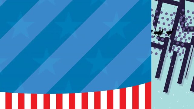 Animation of christmas snow falling and flag of usa