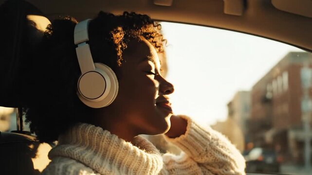 A young Black woman with curly hair wearing white over-ear headphones and a chunky white knit sweater sitting in a car at sunset, eyes closed and enjoying music in warm golden hour light.