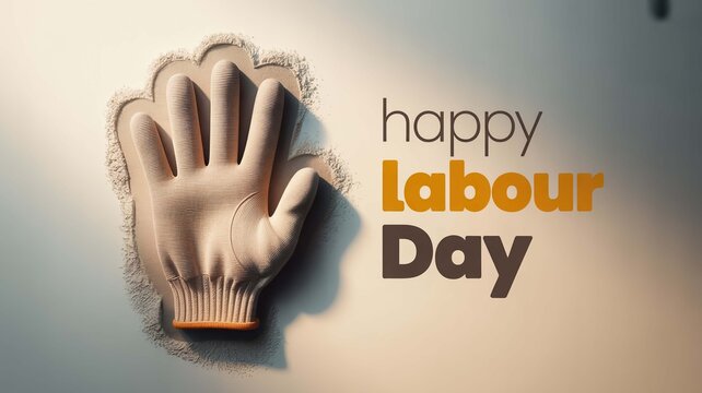 Happy Labour Day greeting card, industrial work glove emerging from torn paper, conceptual celebration of workers and manual labor