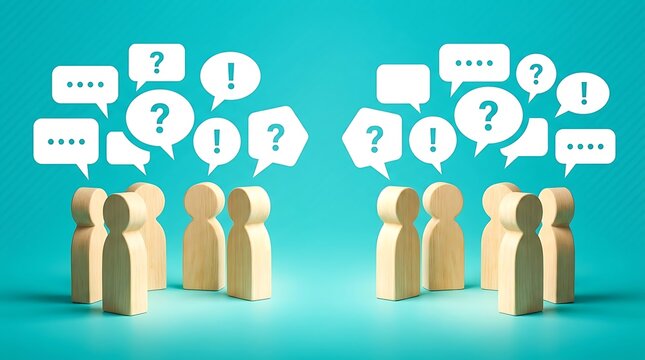 People discuss and interact with question and exclamation marks floating in air around them standing in groups on a teal background with speech bubbles.
