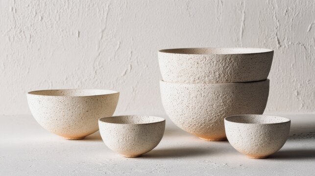 Elegant and Simple Natural Stoneware Bowls in Varying Sizes on a Light Textured Background for Stylish Dining