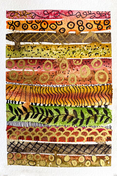 Autumn colored abstract watercolor painting with gold and black doodles in vertical format