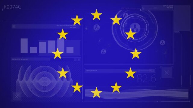 Animation of financial data processing over flag of european union