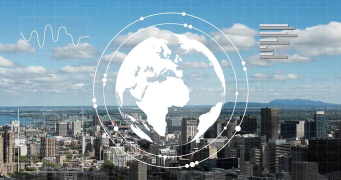 Animation of globe in circles, graph, loading circles and bars, modern cityscape against cloudy sky