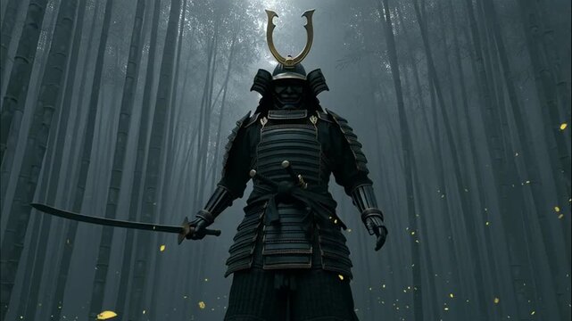 Sci Fi Samurai In Dark Metal Armor With Illuminated Mask
