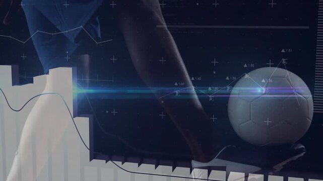 Soccer player kicking ball with data analytics and graphs overlay animation