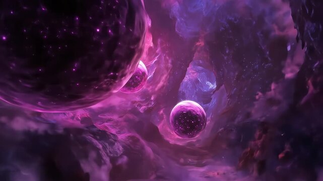 Abstract illustration of glowing spheres and nebulous cosmic formations