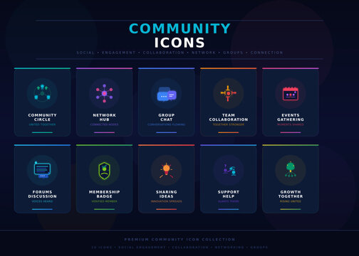 Set of ten community and social collaboration icons for networking and group hubs