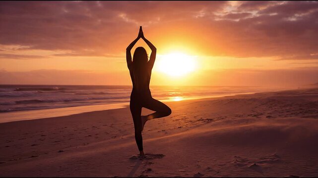 Silhouette of a slim female figure with long hair performing tree pose&nbsp;