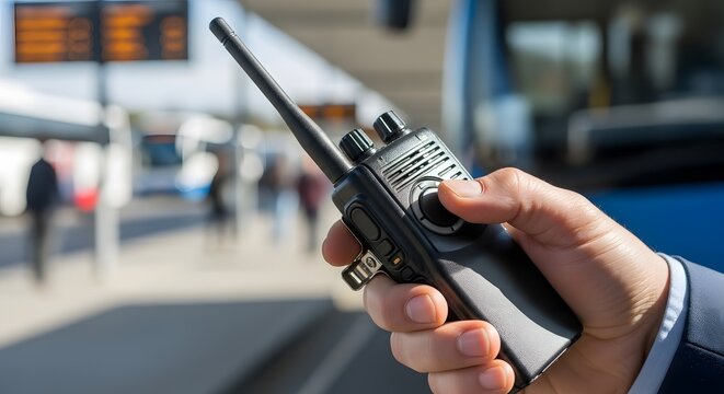Hand holding a black two-way radio at a busy transportation hub station