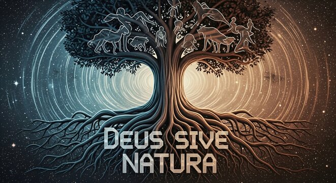 Spinoza's philosophy concept: 'Deus sive Natura' tree of life representing pantheism, the interconnectedness of all beings, and the cosmic universe.