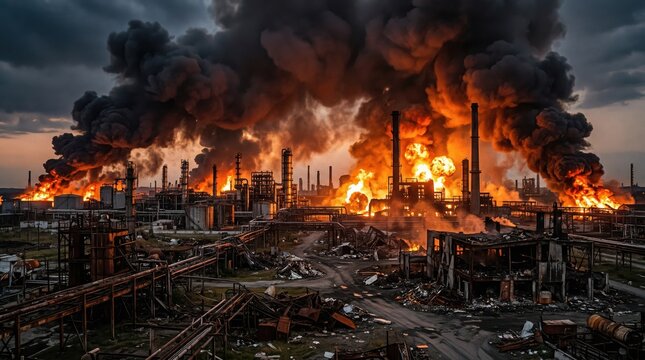 The devastating consequences of industrial destruction and its impact on the environment, a scene of a burning factory engulfed in flames