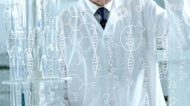 senior scientist in lab writing equations and DNA diagrams on transparent panel showing test tubes