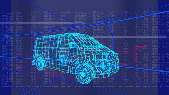 Neon blue wireframe van remaining static until data columns fading in delivering live analysis