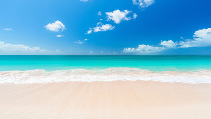 Obraz premium Expansive tropical beach with clear turquoise water, pinkish sand, and a bright blue sky dotted