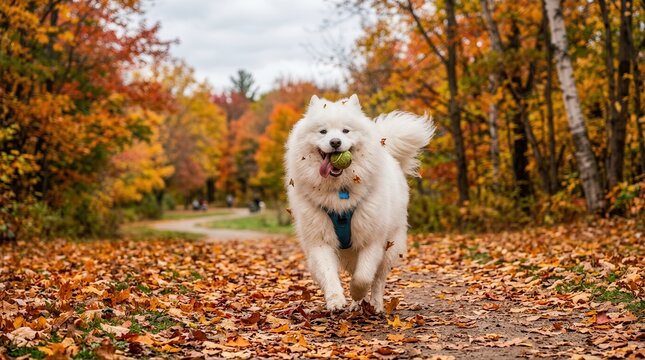 A fluffy white dog is happily running through a forest path surrounded by fallen autumn leaves. The dog is carrying a ball in its mouth