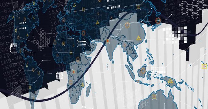 Rising scanning bars initiating map reveal, showing global data flow with arrow path and markers