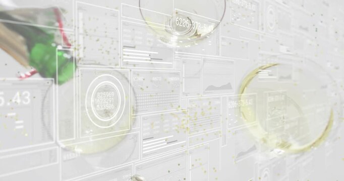 Wireframing readouts updating leading green bottle pouring golden into glasses showing data