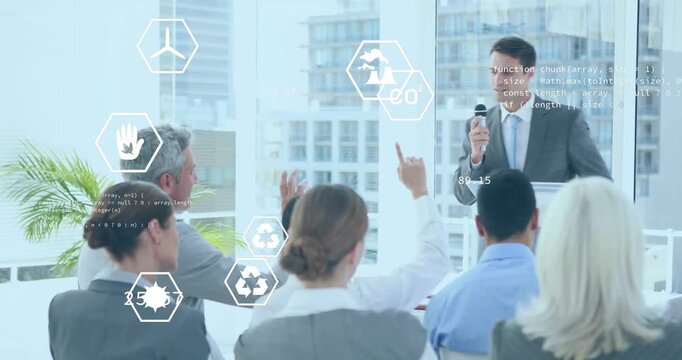 Presenter holding mic fielding raised-hands for Q and A in business meeting, data icons accumulating