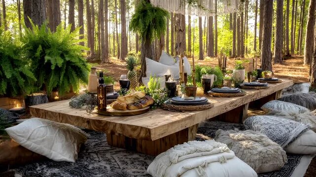 Spring Summer outdoor leisure relaxation activity. A vivid portrayal of a rustic outdoor dining setup in a forest. The main subject is a wooden table set for a meal, adorned with candles, plates.