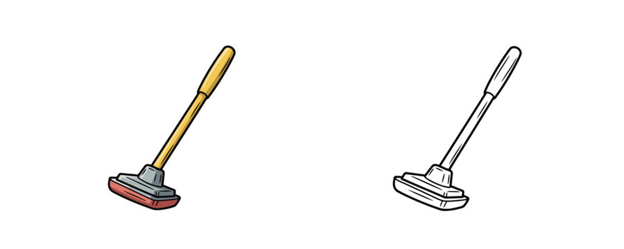 Cleaning mop with yellow handle and red pad in cartoon and line art style with grey and yellow colors represents household equipment for floor maintenance on white background